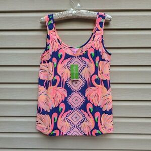 Lilly Pulitzer Cosmos 100% Silk Top M Resort Navy Blue Pink Flamingo Boho Blouse